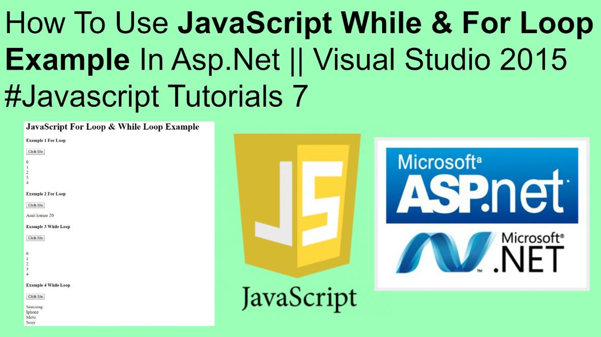 How to use javascript while & for loop example in asp.net || visual studio 2015 #javascript tuto