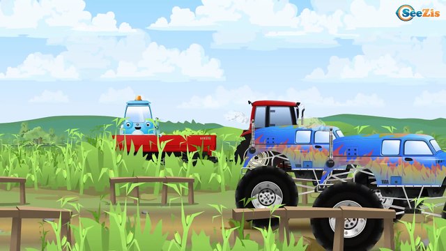 The Blue Monster Truck w Tow Truck Fire Truck & Cop Car in the City of Cars | Cartoons for Children