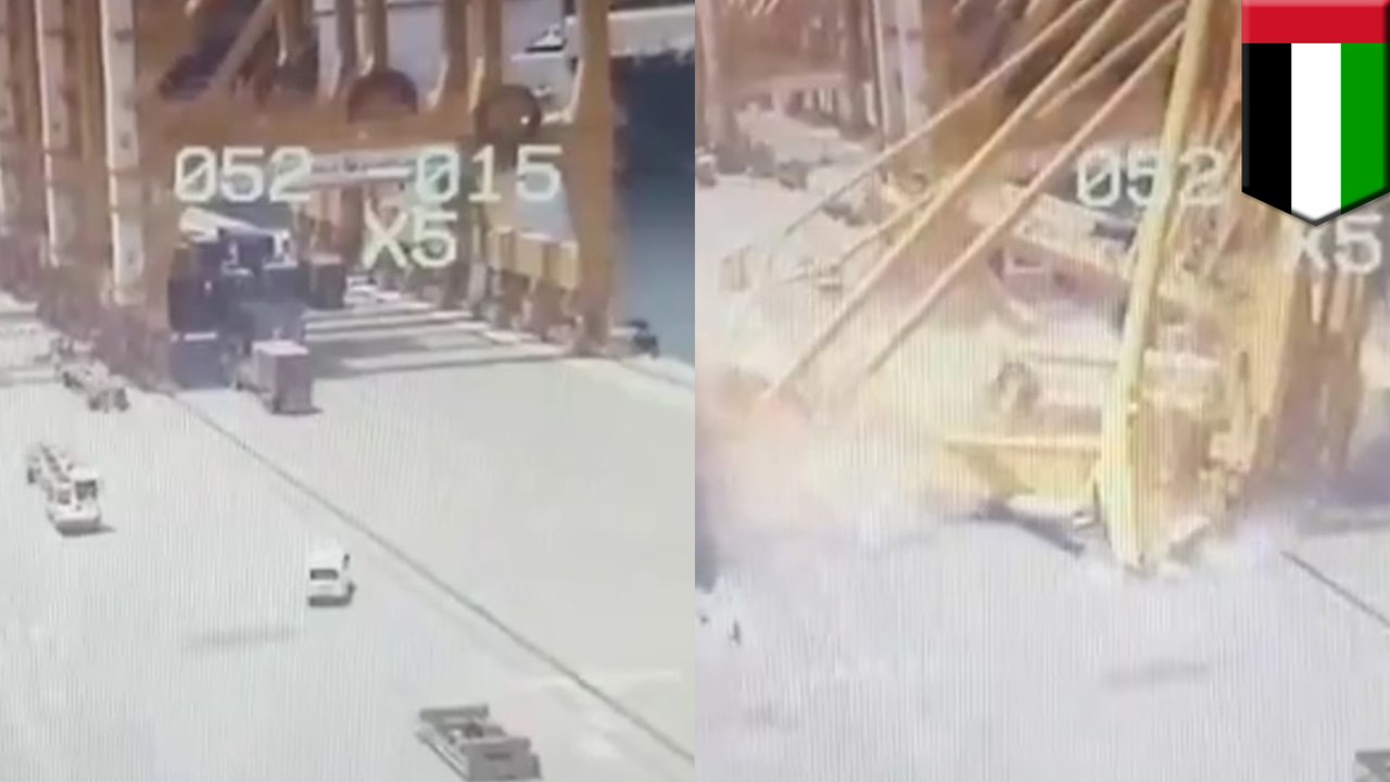 Container vessel hits giant crane, crane goes crashing into the ground