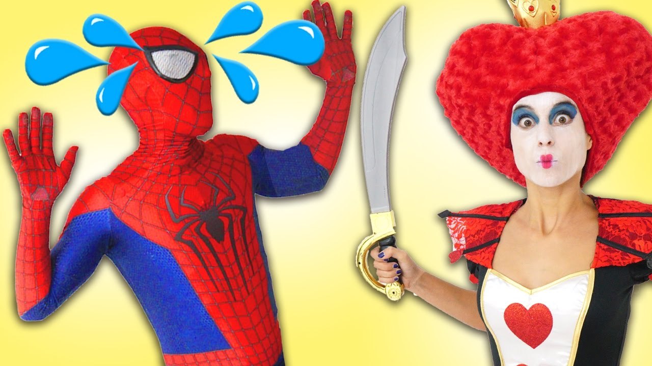 Frozen Elsa & spiderman vs Queen of Hearts! Spiderman Arms Runaway Superhero Fun