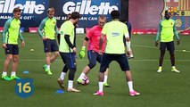 Leo Messi nutmegs his own teammate during a training drill