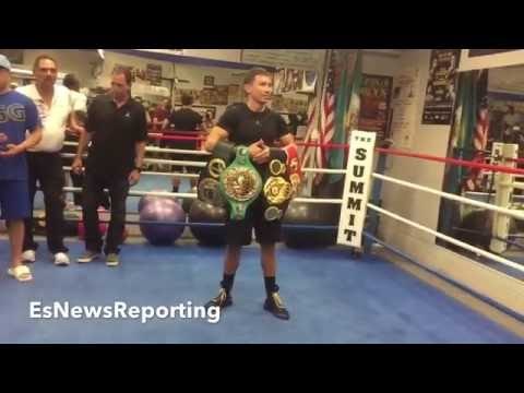 GENNADY GOLOVKIN POSING WITH ALL THE BELTS TEAM CHOCOLATITO & SPARRING PARTNERS - EsNews Boxing