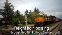 Freight train passing through Hua Hin Railway Station