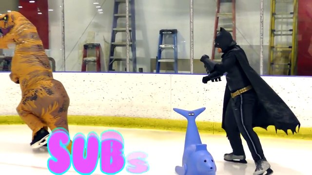 Huge Ice Skating T-Rex Dinosaur Chases BATMAN - Real Life Superheroes and Dinosaurs with DCTC