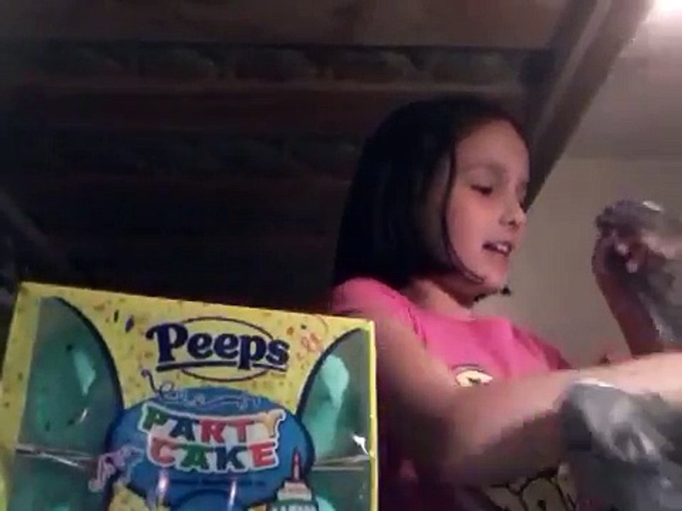 Taste testing Blueberry Dark Chocolate Dipped Delights Peeps and Party Cake Peeps