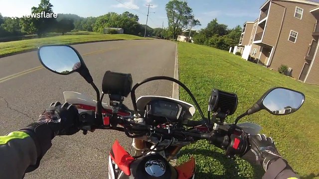 Motorcyclist stops to save a turtle stranded in the middle of the road