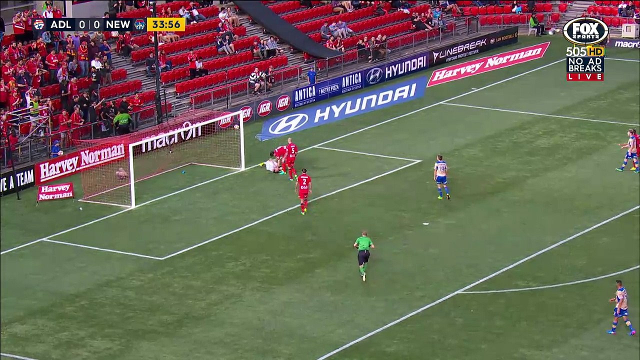 John Hall crashes into goalpost, Adelaide United v Newcastle Jets