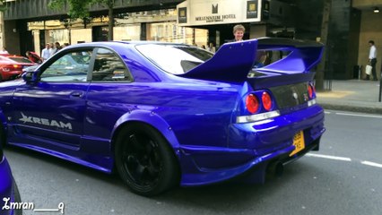 Nissan Skyline R33 GTR X2 Shooting Flames and MASSIVE BURNOUT GUMBALL 300 LONDON