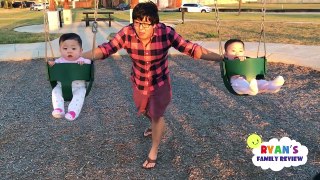 Twins first time on swing playground for kids and Baby's first trampoline Family