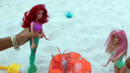 A LOBSTER is Hurt! Will it be better Barbie & Ariel & Raquelle help - Beach Sand Ocean Play & Fun-FFNx