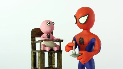 Baby vomits on spiderman superheroes Stop motion Play Doh claymation animation video-E8LFCdBj