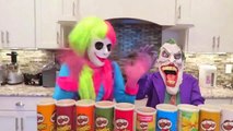 Spiderman vs Frozen vs Joker - Pringles Challenge! w_ Joker Girl - Funny Superhereos-Dy