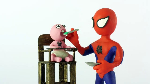 Baby vomits on spiderman superheroes Stop motion Play Doh claymation animation video-E8