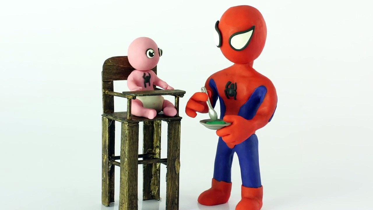 Baby vomits on spiderman superheroes Stop motion Play Doh claymation animation video-E