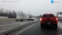 Truck slips and slides on icy road, causing cr