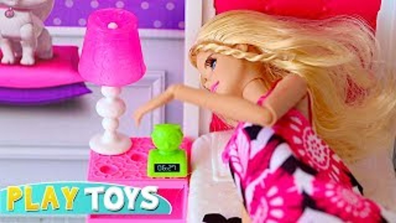 Barbie Doll bedroom dollhouse bathroom toy* play Barbie baby doll morning routine pink car scooter