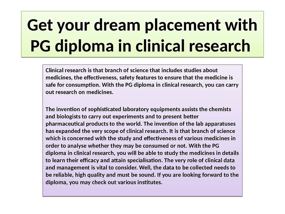 Get your dream placement with PG diploma in clinical research