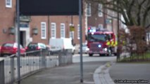 Fire engine responding with siren and lights - Scania P280 Rescue P