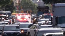 Ambulance responding with air horn, priority siren, peace sign & FDNY EMS ass
