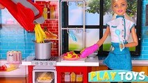 Barbie doll kitchen toys - Playing BARBIE CHEF cooking pasta toy food & Barbie doll morning routine