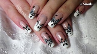 French Manicure With Black & White Roses - Nail Art Tutorial