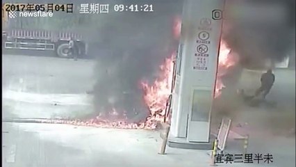 Brave petrol station workers extinguish fire set by motorcyclist