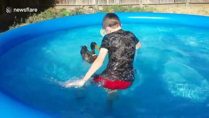 Boy and his pet duck enjoy hot day in the pool