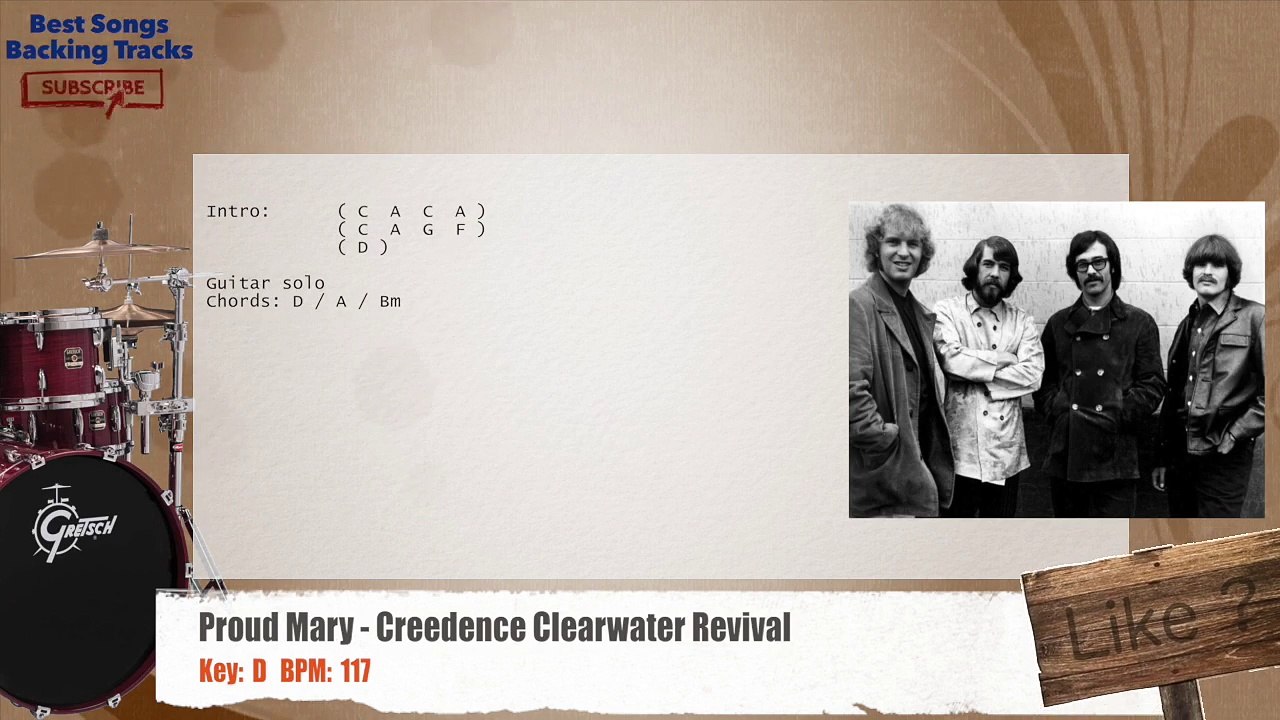 Proud Mary - Creedence Clearwater Revival Drums Backing Track with chords and lyrics