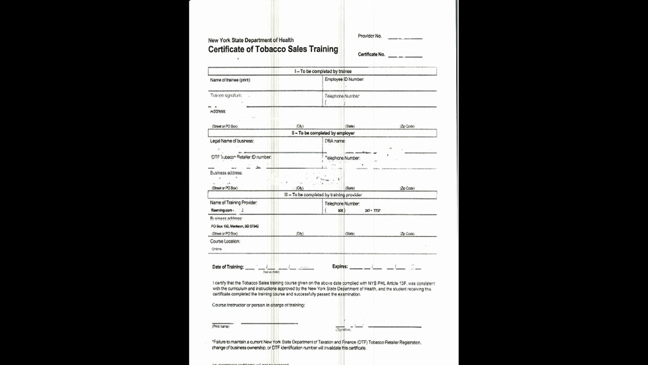Certificate of tobacco sales training