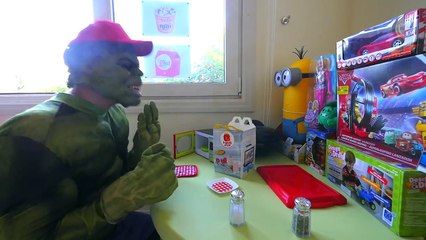 Spiderman Goes To Mcdonalds DRIVE THRU! Buy Happy Meal! w/ Joker Crushes Toy & Hulk in Real Life