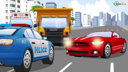 Blue Police Car & Racing Cars w Big Bus and Tow Truck - Cop Car Real Race in Cartoon for Kids