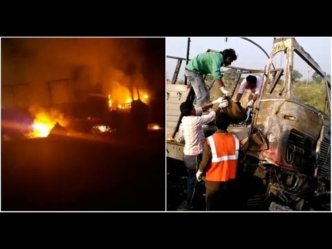 Lorry catches fire after accident at vijayapura - Two burnt alive