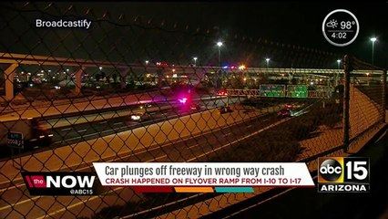 Car plunges off freeway in wrong-way crash Thursday