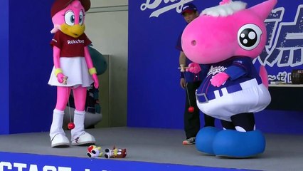 マスコット　セ・パ交流戦対決　中日シャオロン・パオロン・ドアラ　vs　楽天クラッチーナ