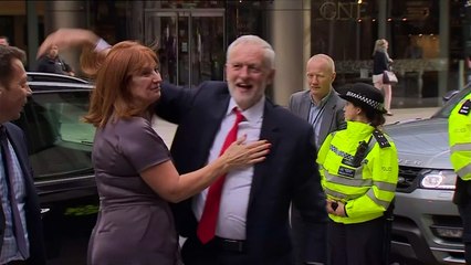 Jubilant Corbyn arrives at Labour Party HQ