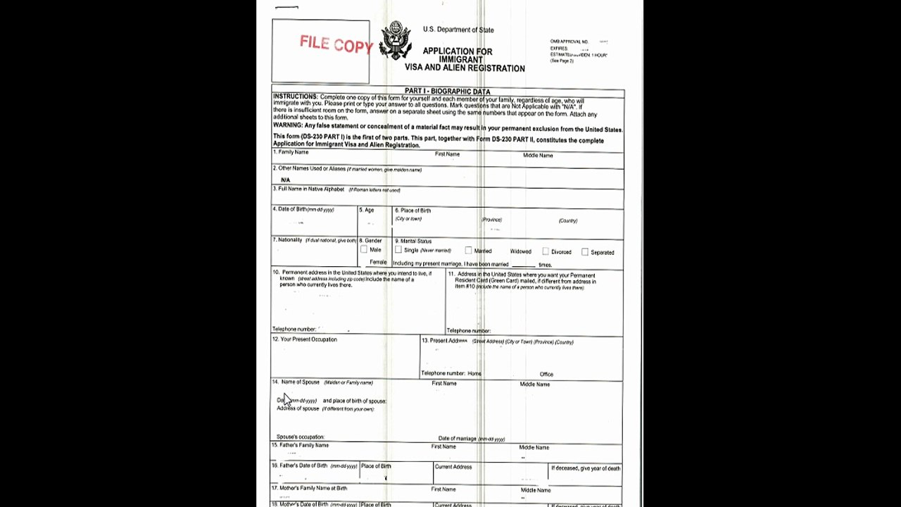 APPLICATION FOR ALIEN VISA REGISTRATION