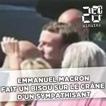 Emmanuel Macron fait un petit bisou sur le crâne d’un sympathisant