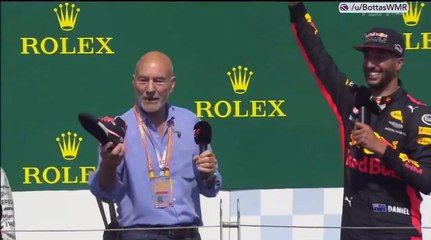 Patrick Stewart boit du champagne avec la chaussure de Daniel Ricciardo