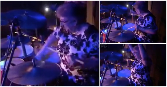 Avó baterista sobe ao palco e dá show durante concerto