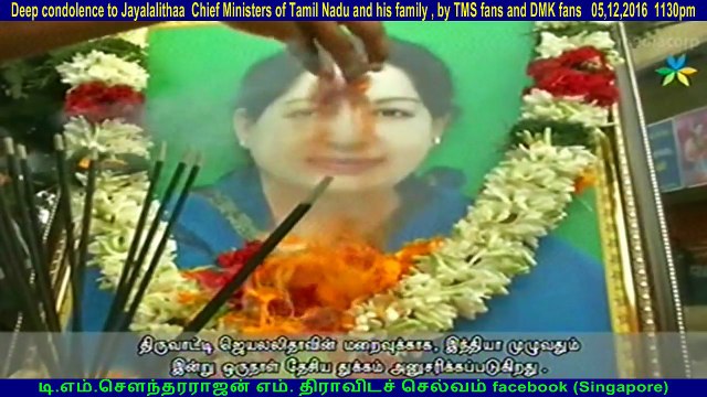 Deep condolence to Jayalalithaa Chief Ministers of Tamil Nadu and his family , by TMS fans and DMK fans 05,12,2016 1130pm singapore tamil tv 1