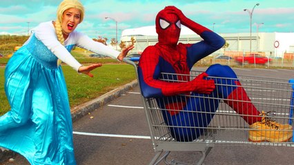 Spiderman & Frozen Elsa TROLLEY CRASH! w_ Pink Spidergirl Hulk Joker Girl Crying Baby! Superhero Fun