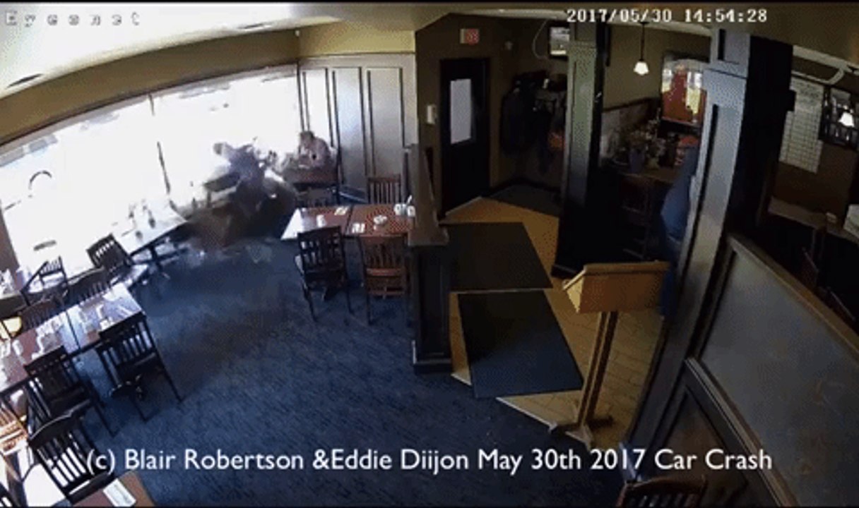 Car Smashes Through Restaurant Window, Hitting Diner Who Miraculously Walks Away