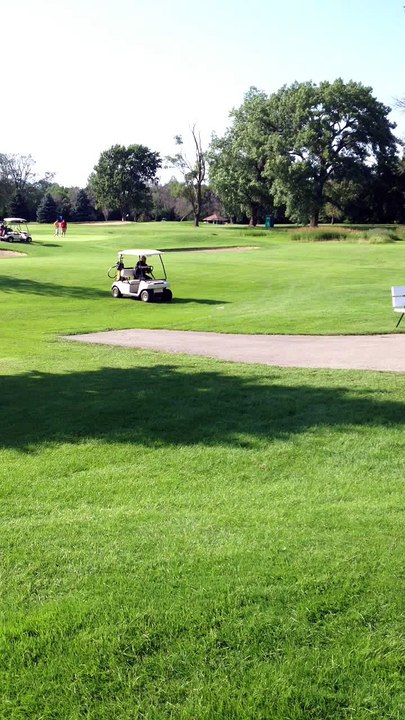 Un golfeur saute par-dessus un parterre de fleurs avec sa voiturette de golf