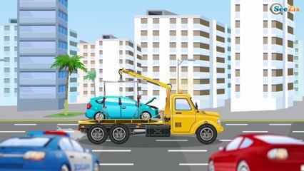 Police Car and Monster Truck with Racing Cars & Tow Truck - Real Race Cop Car Cartoon for Kids