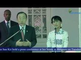 UN Secretary-General Ban Ki-moon and Aung San Suu Kyi hold a press conference at her home in Rangoon