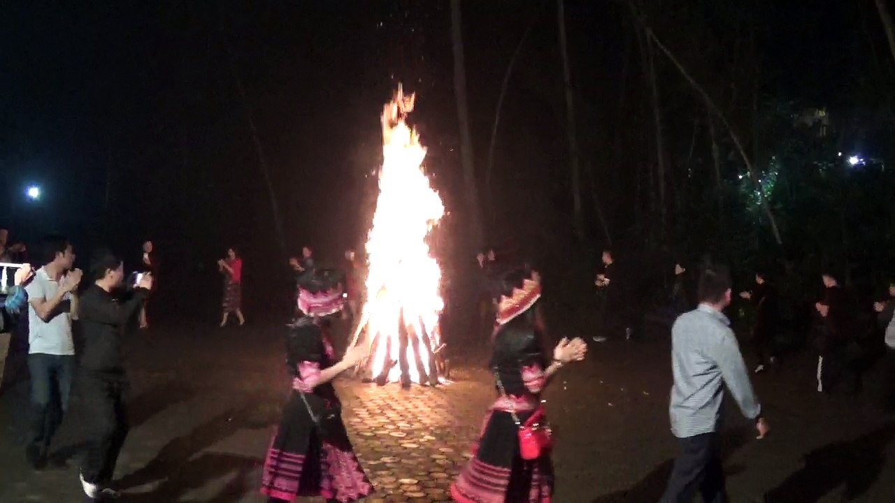 Forest campfire with funny Vietnamese traditional dancing