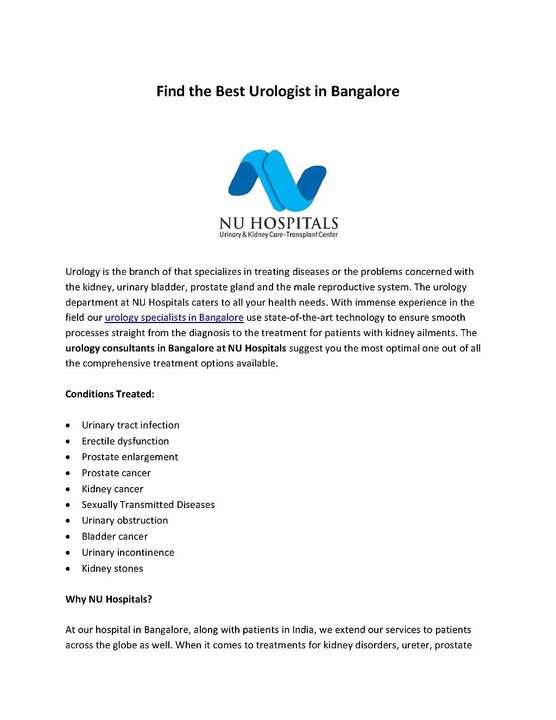 Find The Best Urologist in Bangalore - NU Hospitals