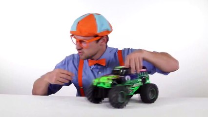 Скачать видео: Monster Truck Toysf the trucks while jumping and hiking _ Blippi Toys