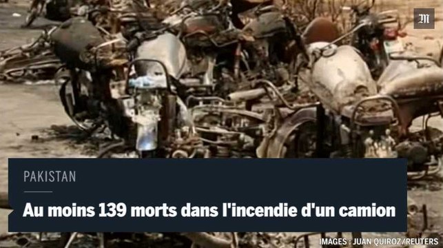 Pakistan - Au moins 139 personnes tuées par l'incendie d'un camion transportant du carburant