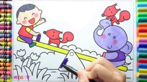 How to Drawing baby Boy and Elephant Play on a Seesaw - Coloring Pages Videos For Kids